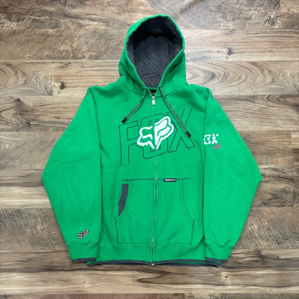 Vintage Y2K Fox Racing Hoodie Mens L Green Full Zip Embroidered Motocross Logo